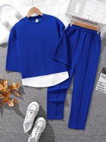 Tween Girl Two Tone Drop Shoulder 2 In 1 Tee & Pants - Blue - View 1