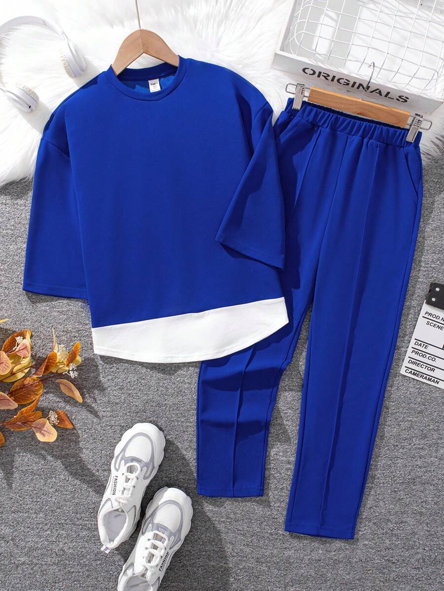 Tween Girl Two Tone Drop Shoulder 2 In 1 Tee & Pants - Blue - View 1