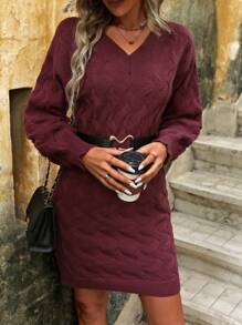 SHEIN LUNE Vestido Suéter Tricotado Com Decote Em V - Vinho - Visão 5