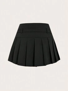 Gonna-pantaloncini mini a pieghe da donna con fibbia quadrata vita, in colore unito, versatile e casual - nero - Visualizzare 2