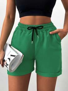Cloudara Drawstring Waist Roll Up Hem Shorts - Green - View 3