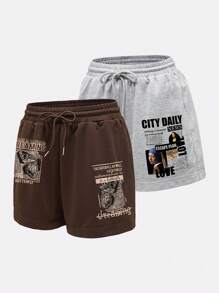 INAWLY Women's Letter Print Drawstring Waist Shorts - Multicolor - View 4