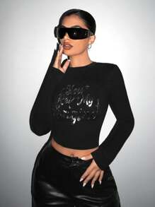 SHEIN ICON 修身銀色壓花字母印花長袖短版 T 卹 - 黑色 - 查看 6