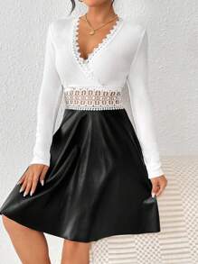 SHEIN Frenchy Lace Trimmed Contrast Pu Leather Hem Dress - White - View 4