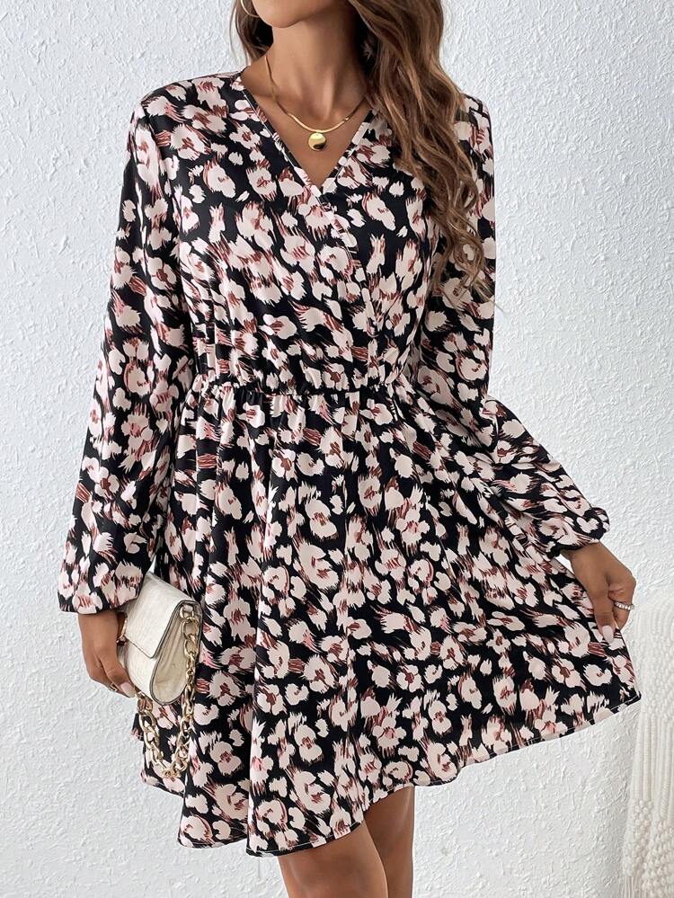 Ladies Full Printed Ruffle Sleeve Dress Winter Casual