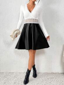 SHEIN Frenchy Lace Trimmed Contrast Pu Leather Hem Dress - White - View 6