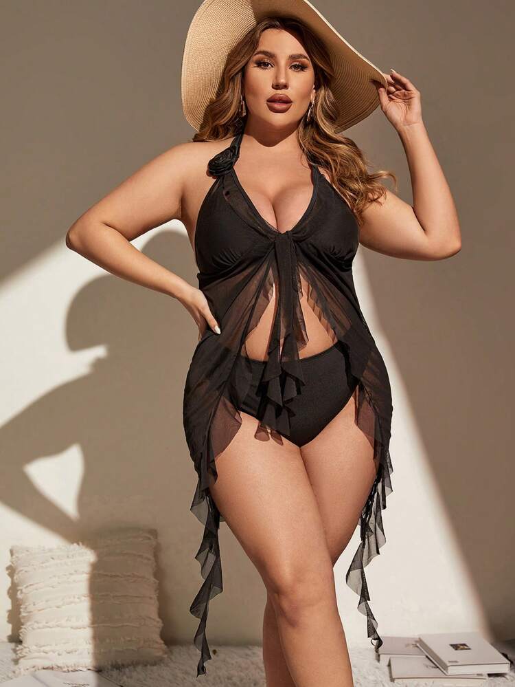 Plus Size 3d Floral Halter Kimono With Ruffle Edge Summer