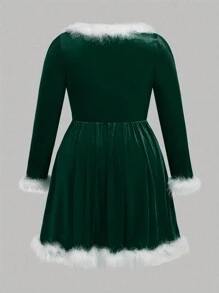 SHEIN Unity Plus Size Plush Patchwork Christmas Dress - Green - View 2