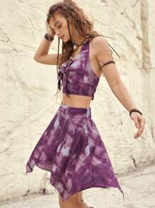 Bohemela Resort Women'S Front Knotted Tie-Dye Halterneck Top And Skirt Two-Piece Set