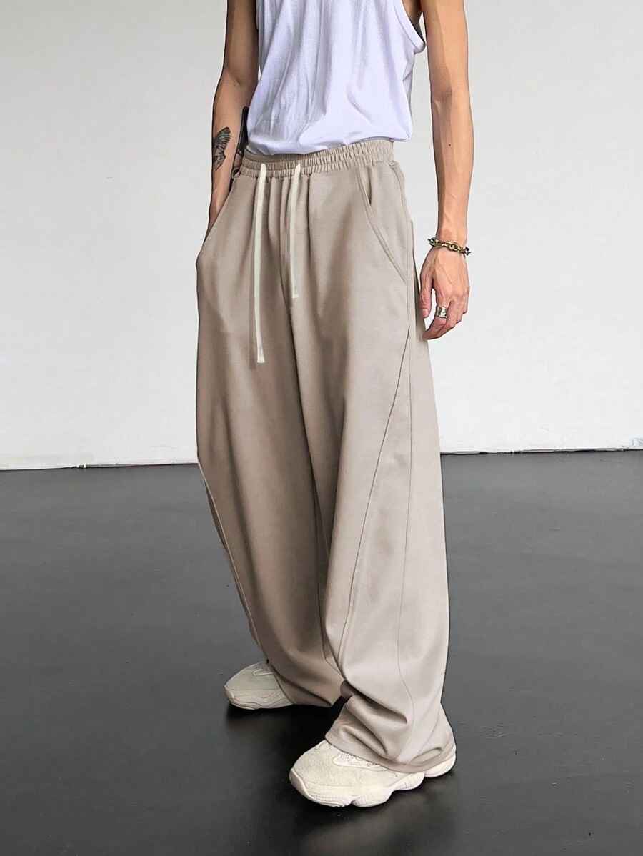 Manfinity Hypemode Loose-Fit Men's Top-Stitching Drawstring Waist Sweatpants - Beige - View 1