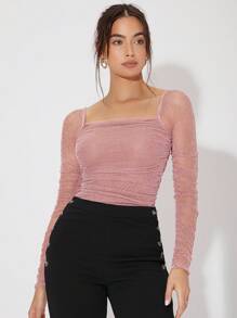 Firerie 領口褶皺閃爍網紗上衣 - 粉色 - 查看 5