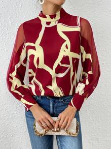 SHEIN Privé 女裝印花立領網紗燈籠袖襯衫 - 紅白色 - 查看 5