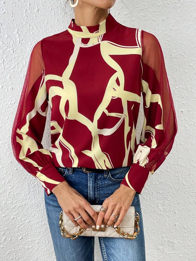 Women'S Printed Stand Collar Mesh Lantern Sleeve Shirt