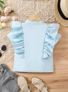 SHEIN Young Girl Little Girl's Blue Stand Collar Large Ruffle Shirt