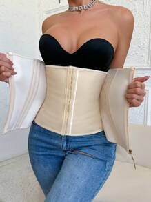 1pc Zipper & Hooks Closure Front Waist Trainer - Beige - View 3