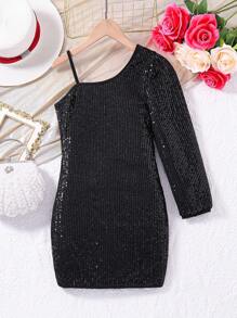 SHEIN Tween Girls Off Shoulder Party Wear Dress - Black - View 2