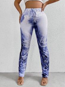 SHEIN SXY 牛仔效果印花長褲 - 彩色 - 查看 4