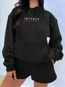 SHEIN EZwear Women'S Letter Print Hooded Sweatshirt Shorts Two-Piece Set - Black - View 2