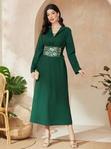 Al Najma Của phụ nữ Hoa Dệt hoa Tay áo dài Đầm - Màu xanh lá cây đậm - Xem 4