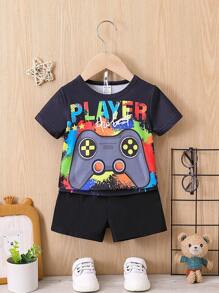 Baby Boy Infant Boys' Street Style Game Pattern Print Short Sleeve Top And Shorts Set For Summer - Black - View 1