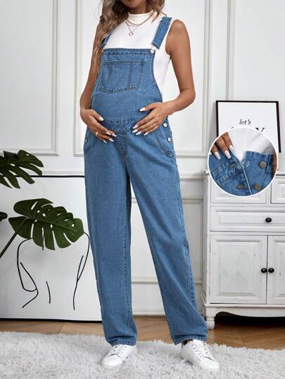 SHEIN 孕婦紐帶側純色牛仔背帶褲連身褲