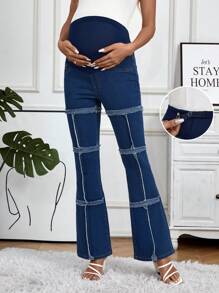 SHEIN Maternity Flared Denim Trousers With Adjustable Buttons Jeans - Medium Wash - View 1