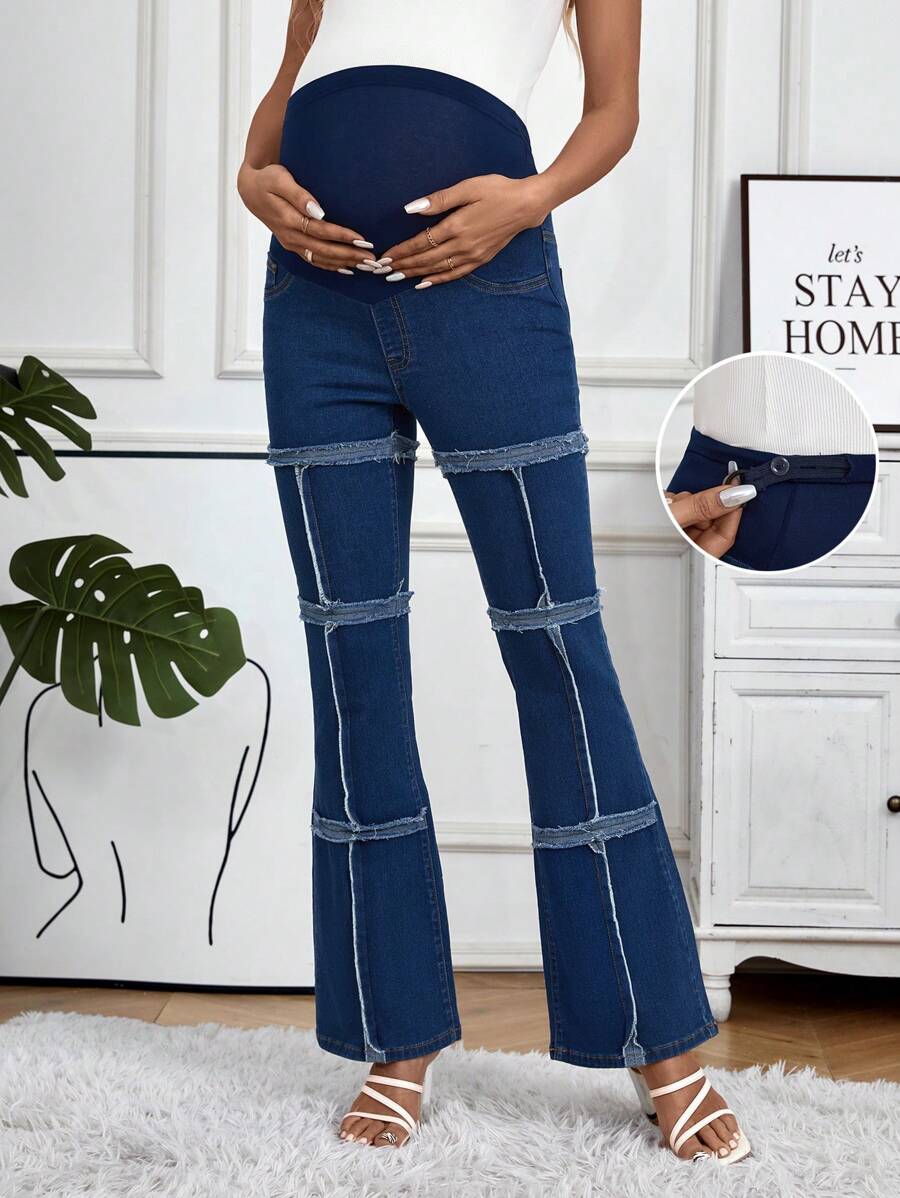 SHEIN Maternity Flared Denim Trousers With Adjustable Buttons Jeans - Medium Wash - View 1