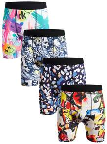 Men's Letter Cartoon Print Boxer Briefs (4-Piece Set) - Multicolor - View 1