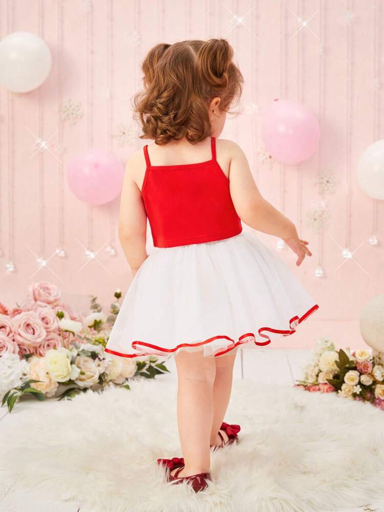 Elegant, Cute And Fashionable Valentine'S Day Love Top And Mesh Skirt Set For Baby Girls