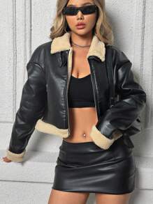 SHEIN Unity Hai tông màu Lót Teddy chất liệu da PU Quần skinny Áo khoác - màu đen - Xem 4