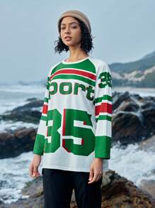 In My Nature 寬鬆女士休閒圓領字母條紋長袖t卹