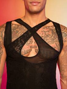 FeverCity 男式网眼撞色蕾丝上衣 - 黑色 - 查看 4