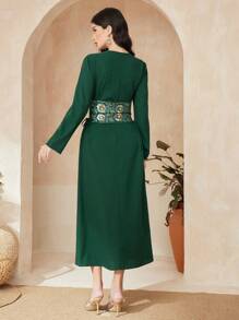 Al Najma Của phụ nữ Hoa Dệt hoa Tay áo dài Đầm - Màu xanh lá cây đậm - Xem 2