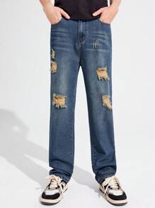 SHEIN Teenagers Non-Stretch Regular Mid-Rise Asymmetrical Ripped Denim Trousers - Dusty Blue - View 3