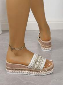 Women'S Bohemian Style Wedge Heel Platform Slippers Valentines - White - View 3