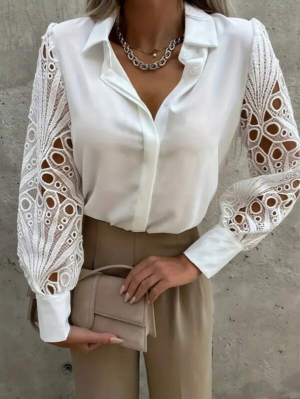 优雅纯色设计蕾丝拼布衬衫，适合秋季