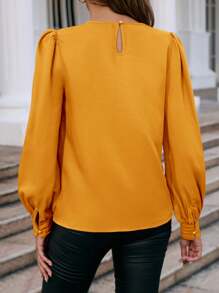 SHEIN Clasi 女士褶皺燈籠袖襯衫 - 黃色 - 查看 2