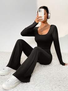 SHEIN Unity Women's Slim Long-Sleeved Top And Flared Pants Two-Piece Set - Black - View 6