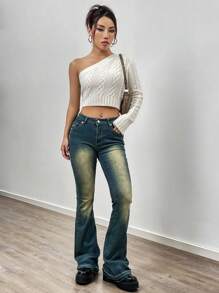 Flirla Asymmetrical Neck Long-Sleeve Cropped Knit Pullover Fall Winter Sweater - White - View 4