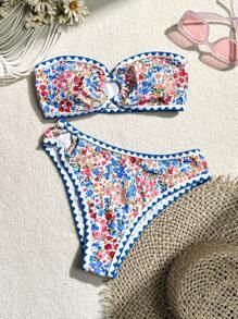 SHEIN Swim Summer Beach Floral Print Bandeau Bikini Set Valentine - Multicolor - View 1