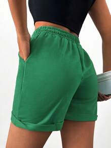 Cloudara Drawstring Waist Roll Up Hem Shorts - Green - View 2