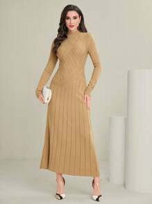 Modelyn Của phụ nữ Màu thuần Thon gọn Đứng cổ áo Đầm Áo len - Màu Khaki - Xem 2