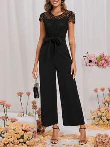 SHEIN Clasi 女式蕾絲拼接腰帶口袋連身褲 - 黑色 - 查看 2