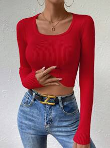 Chiquease 长袖短款修身休闲针织套头衫 秋冬毛衣 - 玫瑰紅 - 查看 1