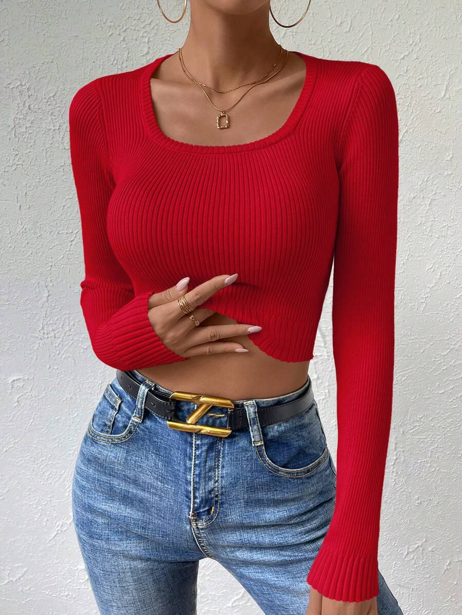 Chiquease 长袖短款修身休闲针织套头衫 秋冬毛衣 - 玫瑰紅 - 查看 1