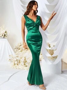 MUXXN Vintage 1950's V-Neck Mermaid Hem Cocktail Party  Prom Dress - Green - View 4