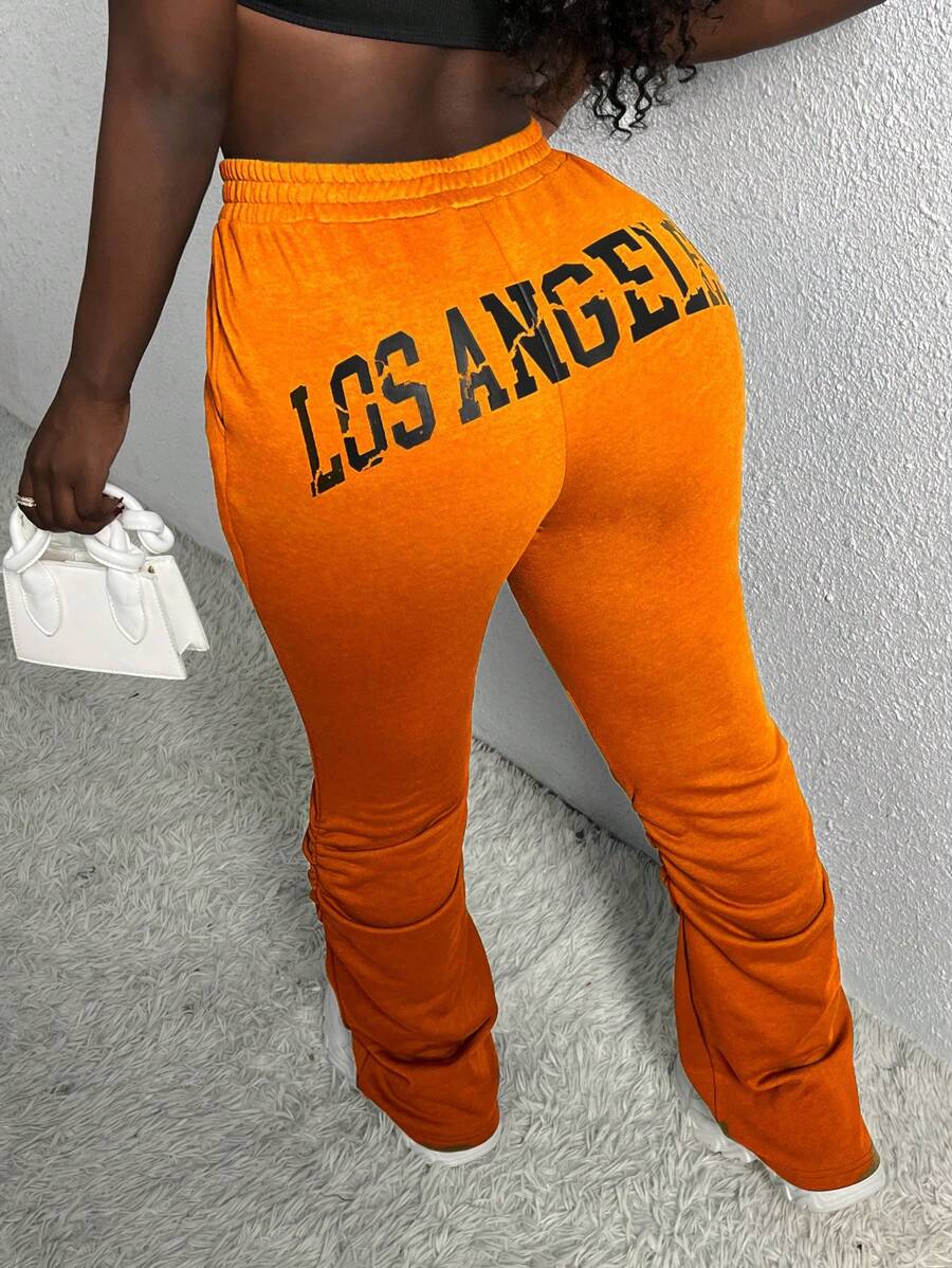 Slaydiva Letter Graphic Ruched Side Sweatpants - Orange - View 1