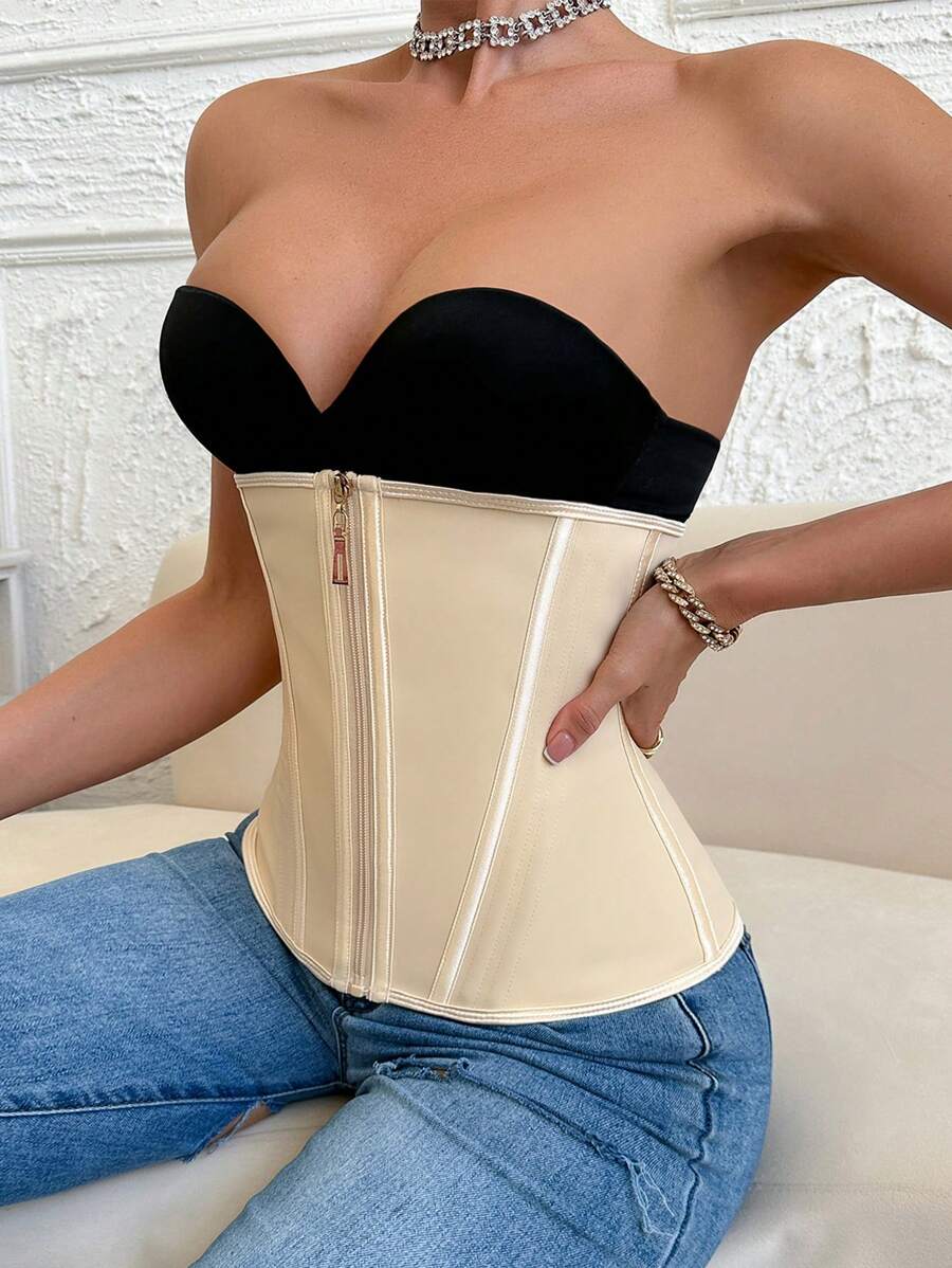 1pc Zipper & Hooks Closure Front Waist Trainer - Beige - View 1