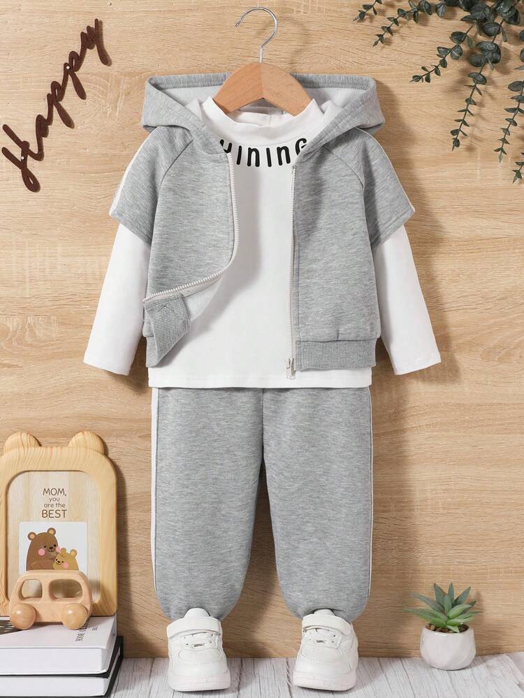 Baby Boys' Letter Print High Neck Top With Inner Fleece, Zipper Hoodie And Wide Leg Pants 3pcs/set