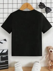SHEIN Young Boy's Casual Lion Cartoon Printed Short Sleeve Round Neck T-Shirt, Summer - Black - View 2